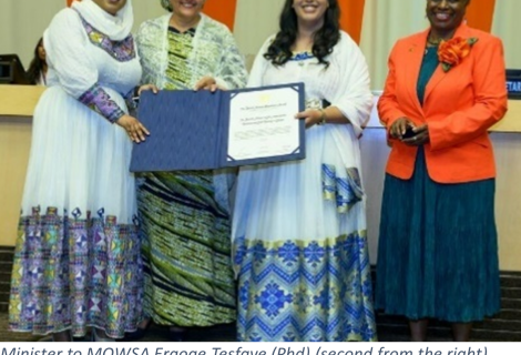 Minister to MOWSA Ergoge Tesfaye (Phd) (second from the right) with the received award at UN Head quarters